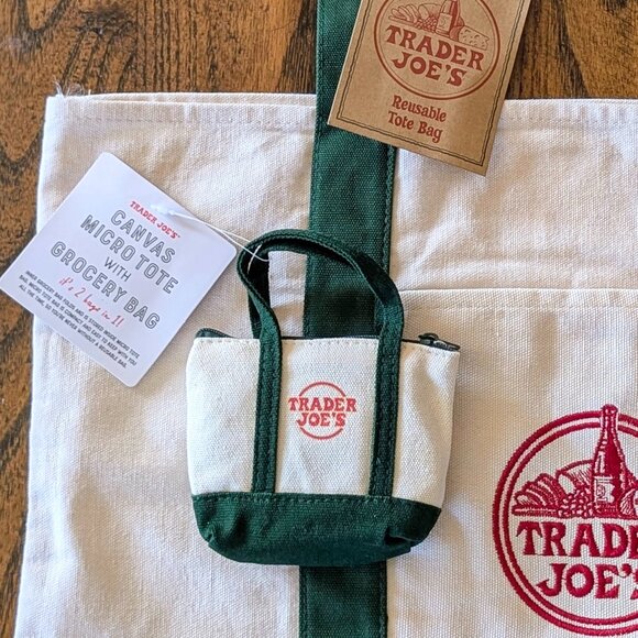 Set of 2 BRAND NEW NWT Large & Micro Trader Joe's Forrest Green Canvas Tote Bags - Picture 4 of 7
